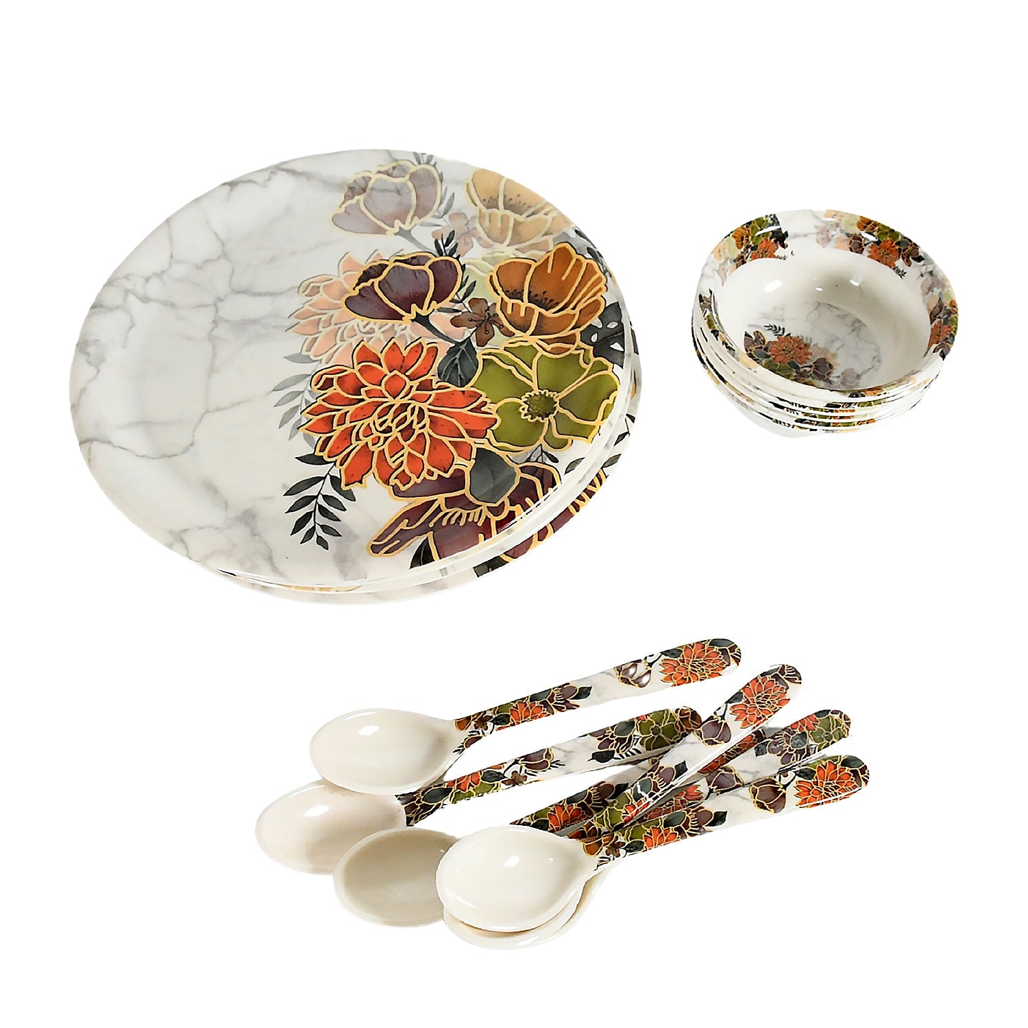 Dream 18-Piece Plastic Dinner Set – Unique Flower Design, 6 Plates, 6 Bowls & 6 Spoons, Microwave & Dishwasher Safe Dream 18-Piece Plastic Dinner Set – Unique Flower Design, 6 Plates, 6 Bowls & 6 Spoons, Microwave & Dishwasher Safe
